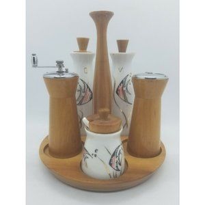 Mid Century Modern Woodpecker WoodWare Condiment Caddy Angel Fish Cruet Set MCM